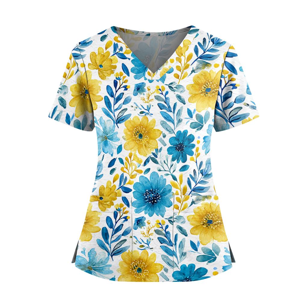 Women's floral print V-neck double pocket short-sleeved uniform/caregiver top with slits at the hem