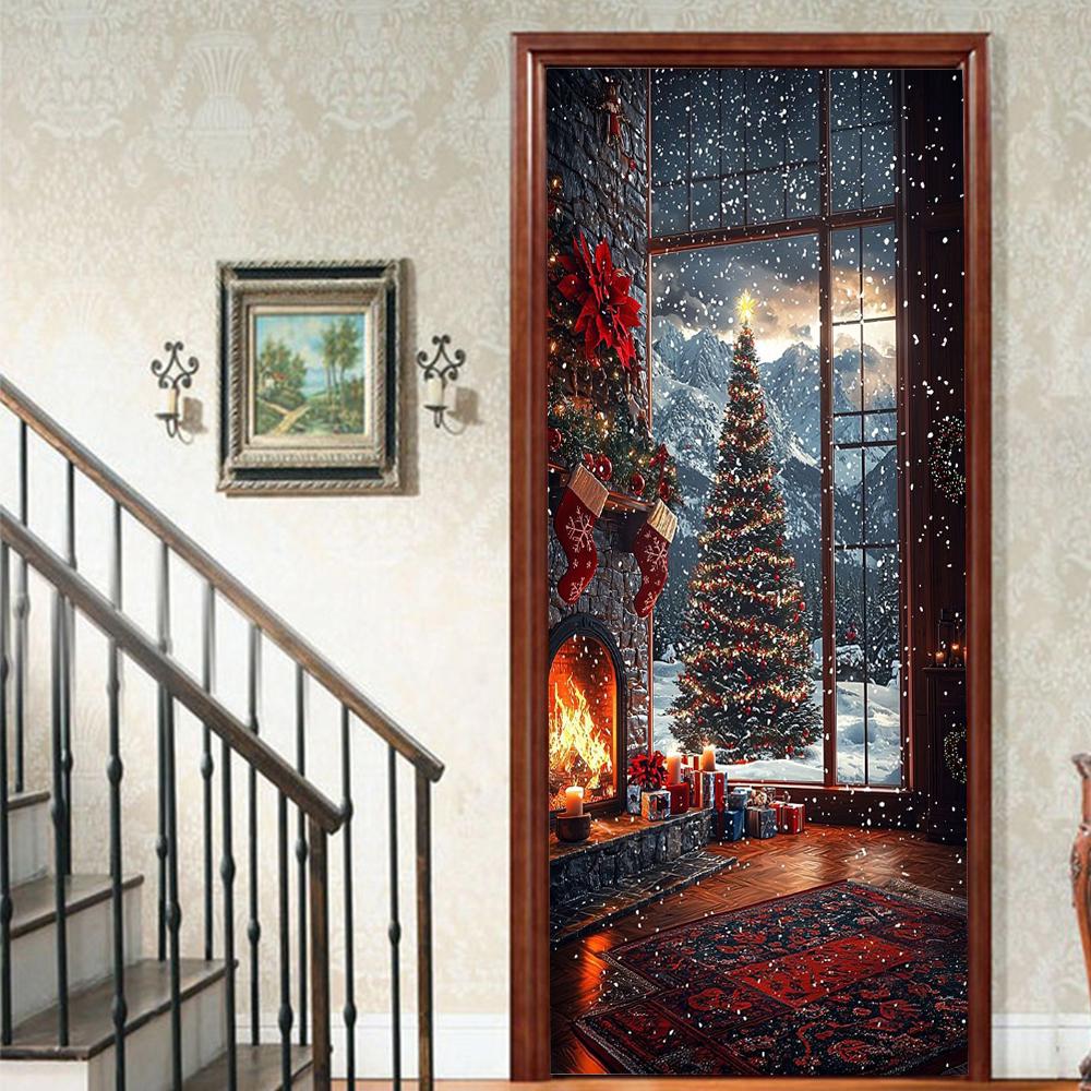 Christmas Tree PVC Self-Adhesive Waterproof Door Sticker Modern Simulation Door Mural Wallpaper Living Room Study Home Decor Art Door Poster