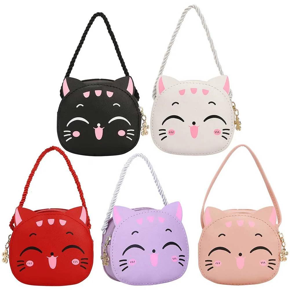 Girls Kawaii Satchel Bag PU Cartoon Cat Mini Shoulder Bag Casual Fashion Coin Purse Compact Kids Cute Sling Pouch Small Bolsa