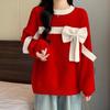 Butterfly Bow Ribbon Women's Sweater Red Christmas Round Neck Long Sleeved Knitted Sweaters Autumn Loose Casual Woman New Holiday Top