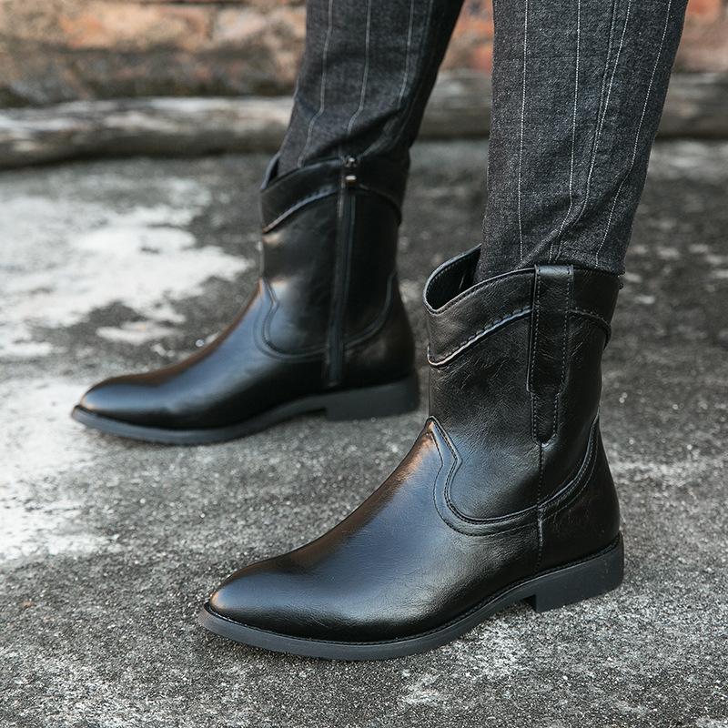 Velké velikosti kovbojské boty v západním stylu rytířské špičaté kožené boty 38-48 yardů podzim a zima evropské a americké pánské boty na nízkém podpatku pánské boty