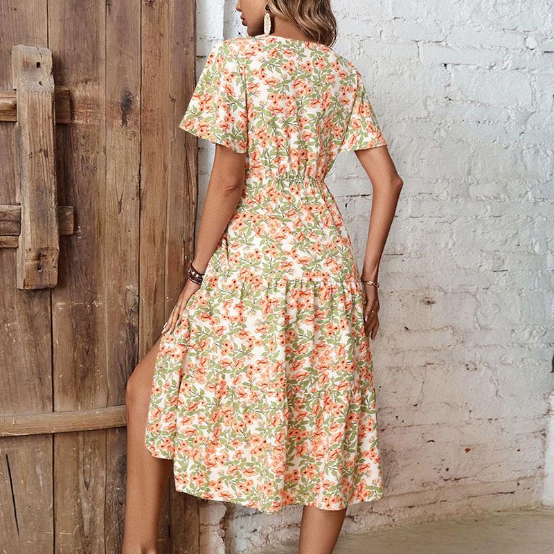 Sommer Frauen Urlaub Blumenkleid Kurzarm V-Ausschnitt Midi