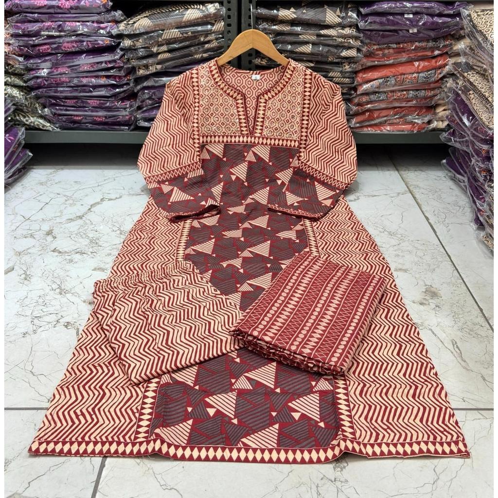 Beautiful Jaipuri Printed Kurti Pant Dupatta Set Women's Casual Wear Salwar Suit