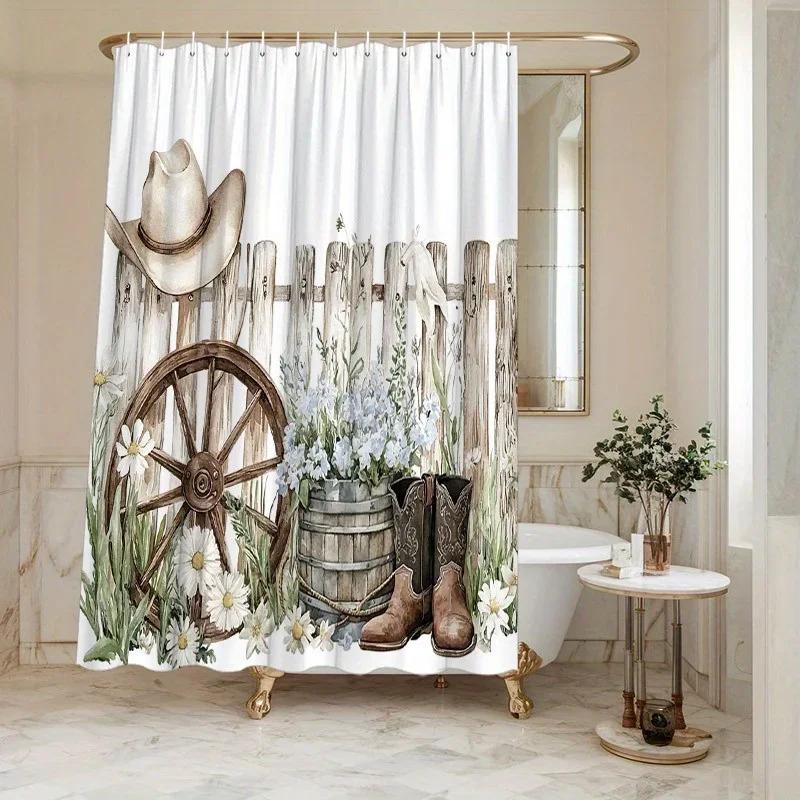 

1 шт. Рустикальная западная шторка для душа, дизайн с деревянным колесом от телеги и ковбоем, полевые цветы, ромашки, прочный декор для ванной комнаты 90X180CM