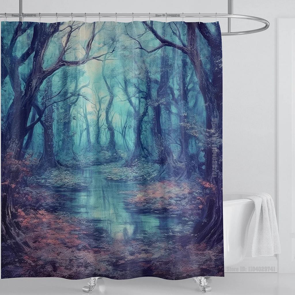 Mystical Forest Print Waterproof Shower Curtain - Stylish, Durable & Easy-Care Choice for Serene Nature-Inspired Bathroom Déco
