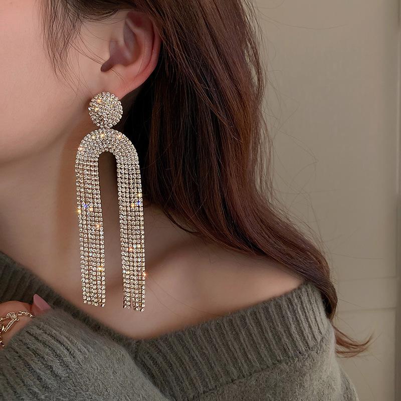 Silver Needle Diamond Fringed Metal Earrings European and American Fashion Long Earrings Light Luxury Personality Design Earrings Women