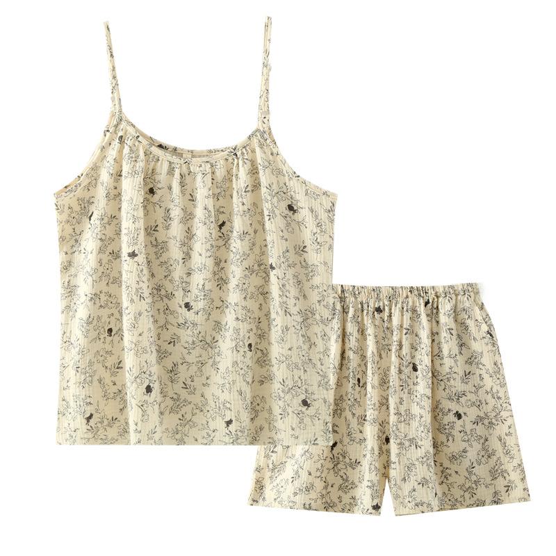 Crepe Cotton Yarn Print Multi-color Women's Summer Suspender Short Sleeve Shorts Set Loungewear Pajamas