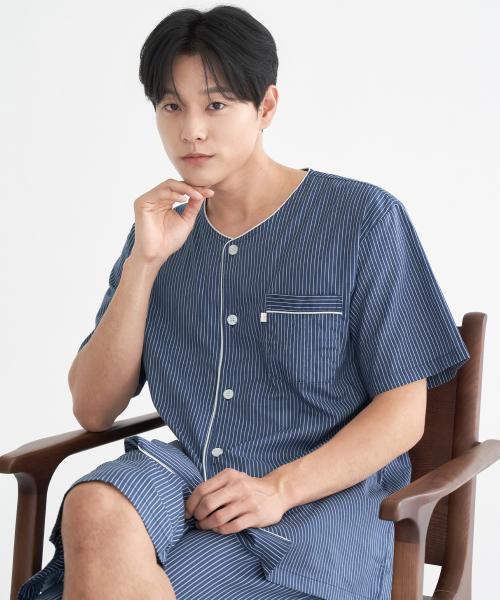 

[May Flower] Navy Stripe Short-Sleeve Pure Cotton Men s Plus Size Pajama Set [Shipped from Korea] 100% Authentic 5-110
