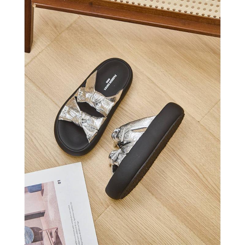 New thick-soled cool slippers for women's fashion and versatile bow open-toed women's casual one-word slippers trendy shoes