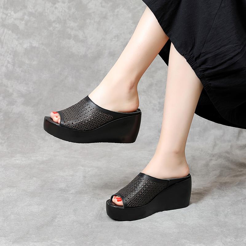 Fashion GKTINOO genuine leather Summer women slippers Open Toe flip flops sandals Women Wedges Slippers black white slides sandals