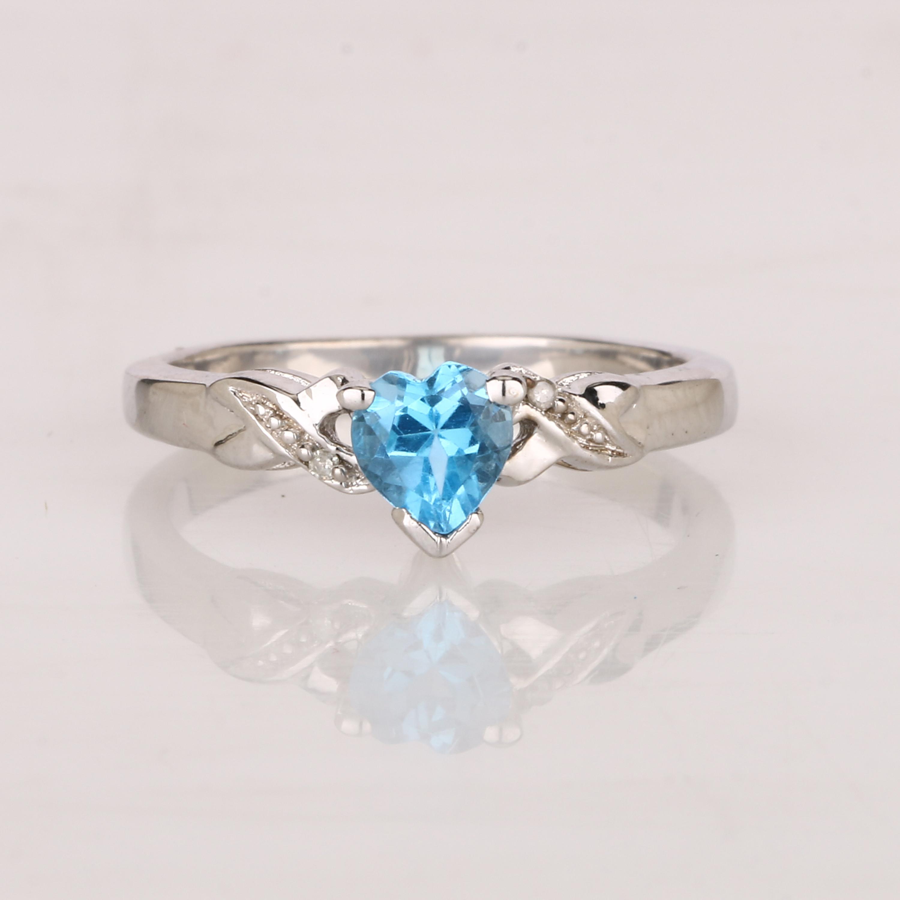 

925 Silver Swiss Blue Topaz Heart Ring Gold Plated Diamond Accent Blue Gemstone Women Jewelry Size 5.5 5.50 синій