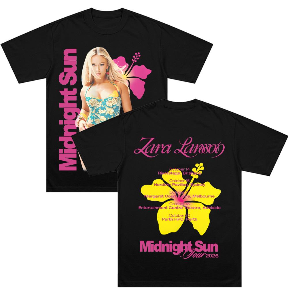 

Футболки Midnight Sun Tour 2026 Z-Zara Larsson Графическая одежда Y2k Хип-хоп Женская Мужская Уличная одежда Чистый хлопок Мягкая Повседневная футболка XS чёрный