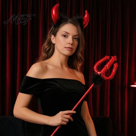 Cosplay Costume Props for Women Devil Horns Headband Pitchfork Lace Eye Masque Set, Halloween Masquerade Party Red Demon Accessories Adults,