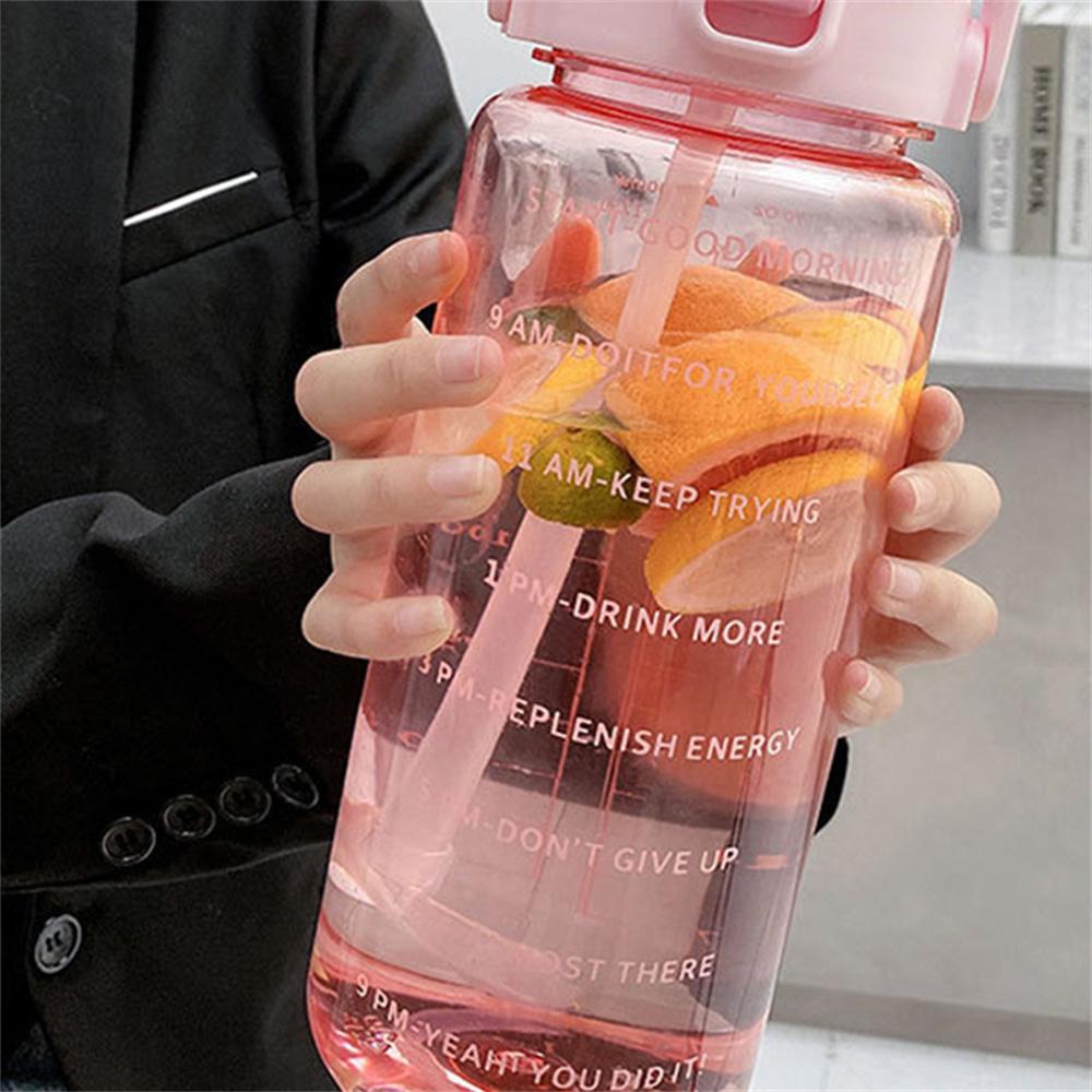 2L Water Bottle with Time Marker, Leak Proof, Non-Slip, Plastic Portable Travel Water Bottle Fitness Cup With Cute Stickes