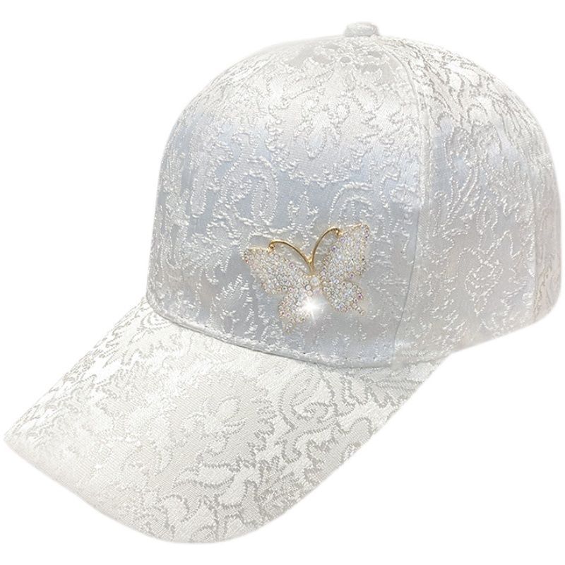 Casquette de baseball élégante en polyester pour femme, légère et ajustée, avec motif papillon en strass et imprimé dentelle, pour la Saint-Valentin, avec fermeture à pression.