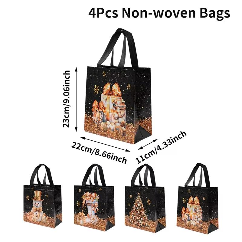 12pcs Festive Christmas Gift Bags - Snowman, Tree , Stocking Design, Black Golden with Handles, Non-Woven Tote Bags