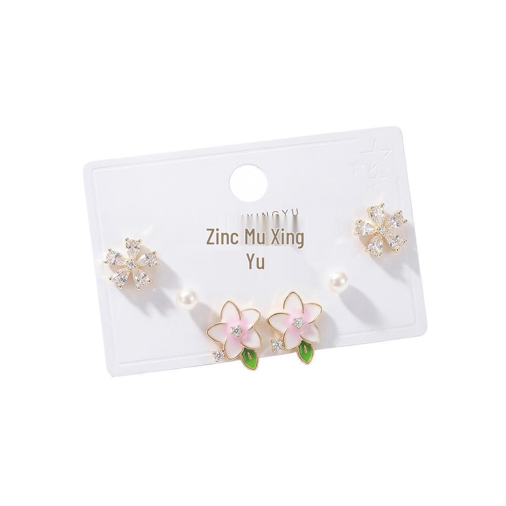 Exquisite Pink Floral Stud Earrings Set - Luxurious, Versatile Six-Piece Collection