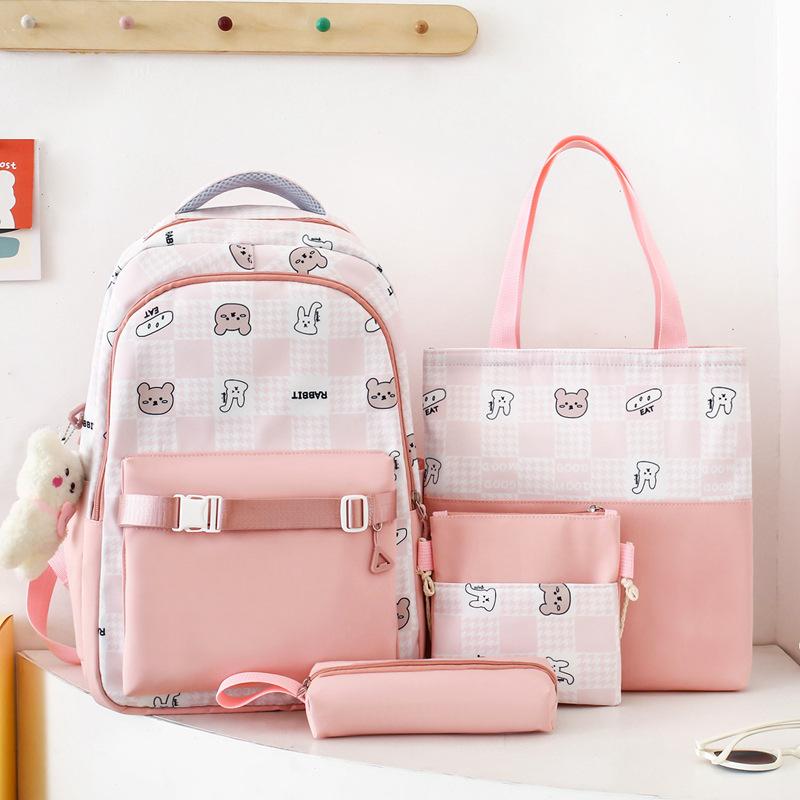 Schoolbag Junior High School School Bag Girls Plaid Elementary School Girls Grade 3 to 6 High School Large Capacity Waterproof Shoulder Set
