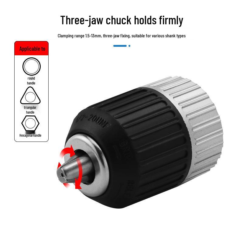 Self-Tightening Electric Drill Chuck, 1.5-13mm Clamping, 1/2-20UNF, with Hex Shank Extension Rod