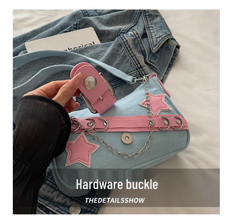 Modna jeansowa torebka na ramię z łańcuszkiem i nitami w kształcie gwiazdy dla kobiet - Jesień 2025