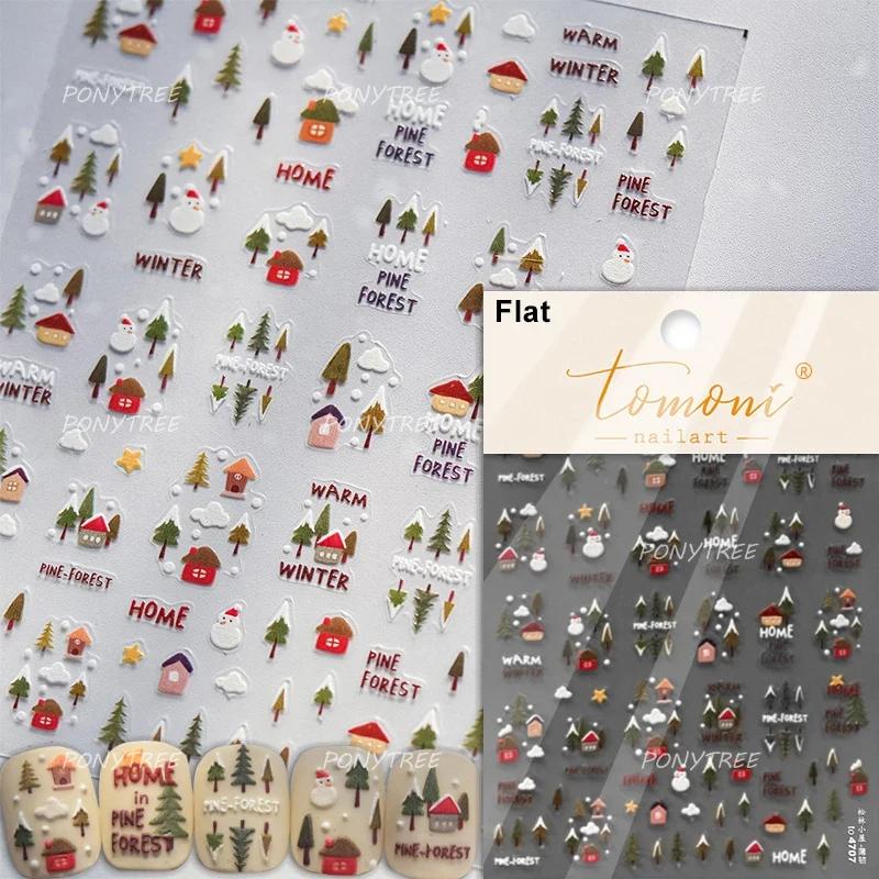 Snowman Tree House Cedar White Pine Forest Warm Winter Cloud Self Adhesive Nail Art Stickers Snowflake Star Snow Manicure Decals