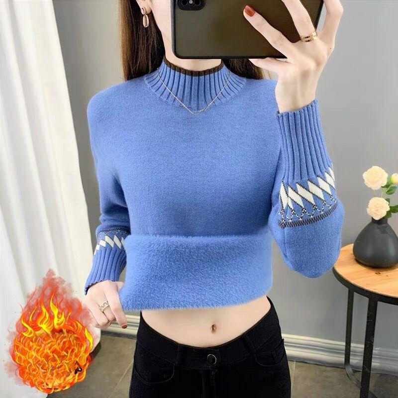 Half High Neck Knitted Sweater for Women Solid Color Casual with Plush Thick Sweater Slim and Warm Pullover Autumn and Winter