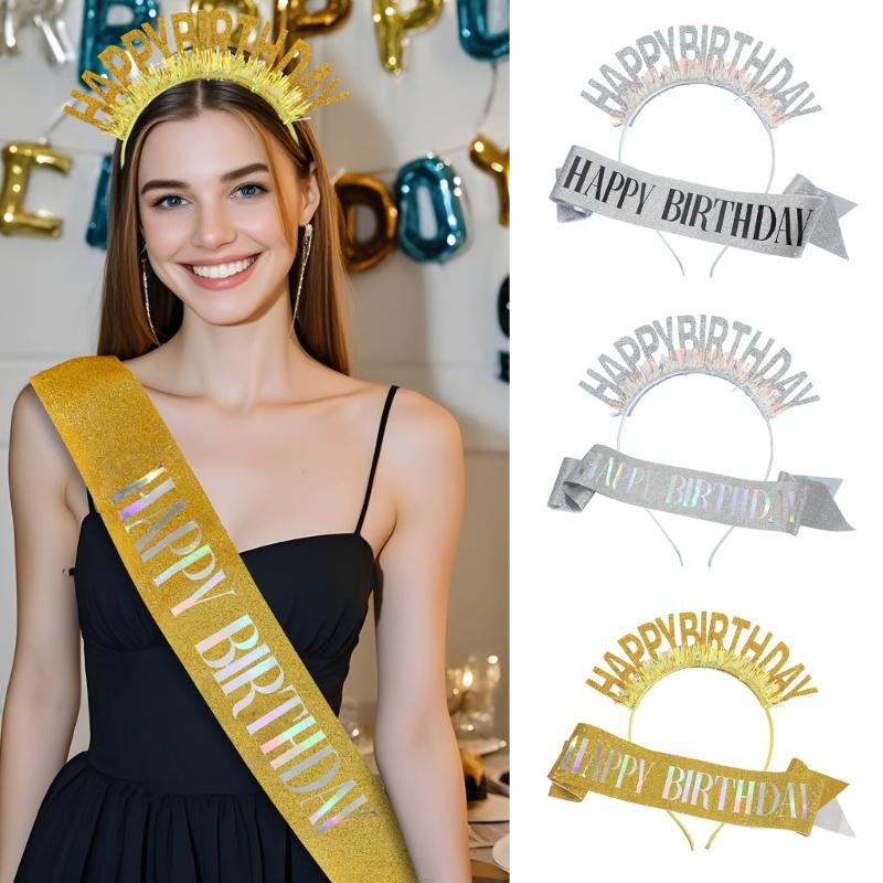 Birthday Headbands and Sash Set Luxurious Celebration Headwear Adjustable for Celebrations and Parties