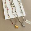 Minar Cartoon Colorful Natural Stone Pony Pendant Necklace Woven Rope Horse Collarbone Double Layers Metallic Chain Choker