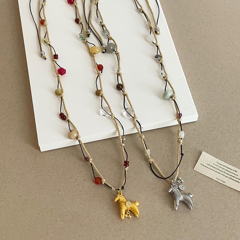 Minar Cartoon Colorful Natural Stone Pony Pendant Necklace Woven Rope Horse Collarbone Double Layers Metallic Chain Choker