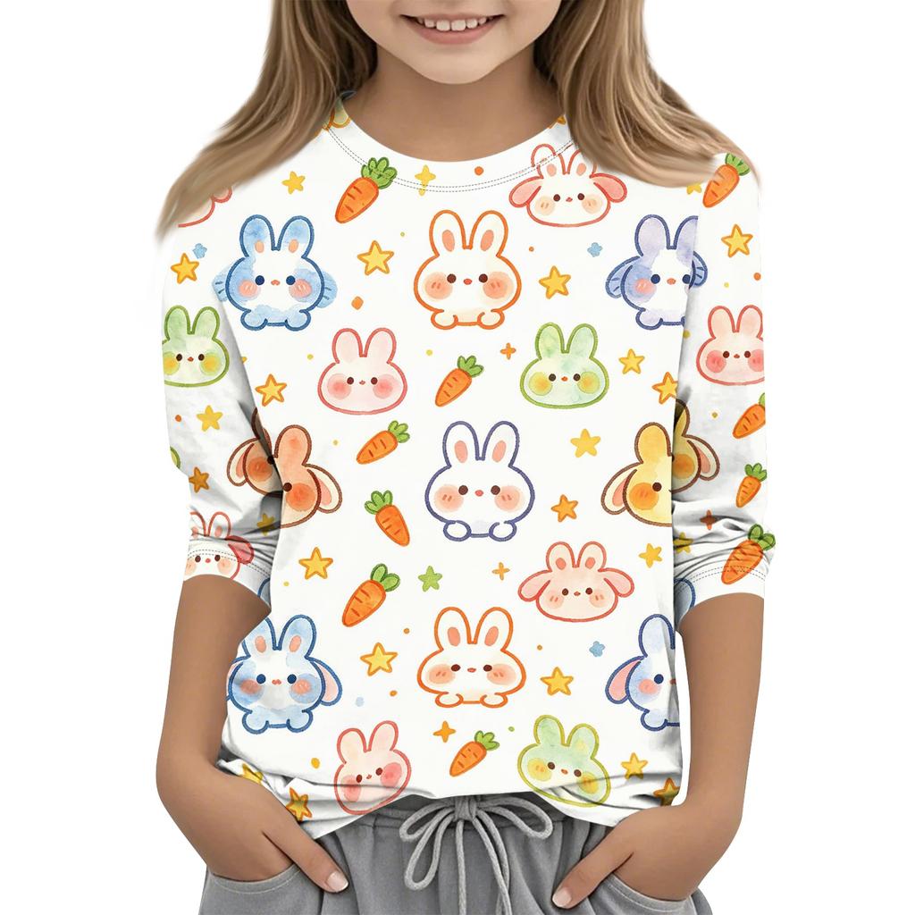 Kinder Tierdruck Rundhals Dreiviertelarm Lässiges T-Shirt Weiche Bequeme Passform Leichtes Gewebe Geeignet für den Alltag