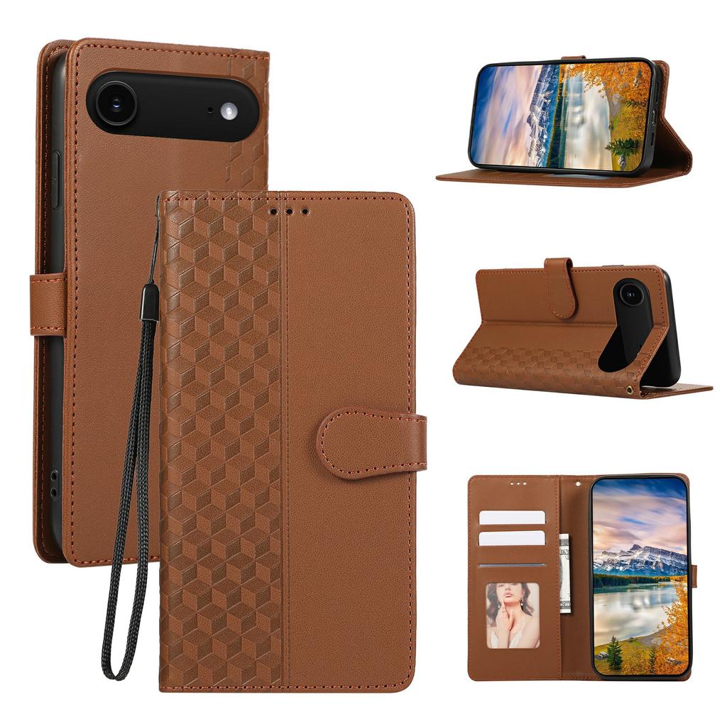 For iPhone 17 Air Case 3D Rhombus Grid Imprinted Wallet Leather Phone Cover with Lanyard