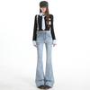 Light blue denim micro-pull pants women's spring new design pleated high-waisted floor-mopping flared pants