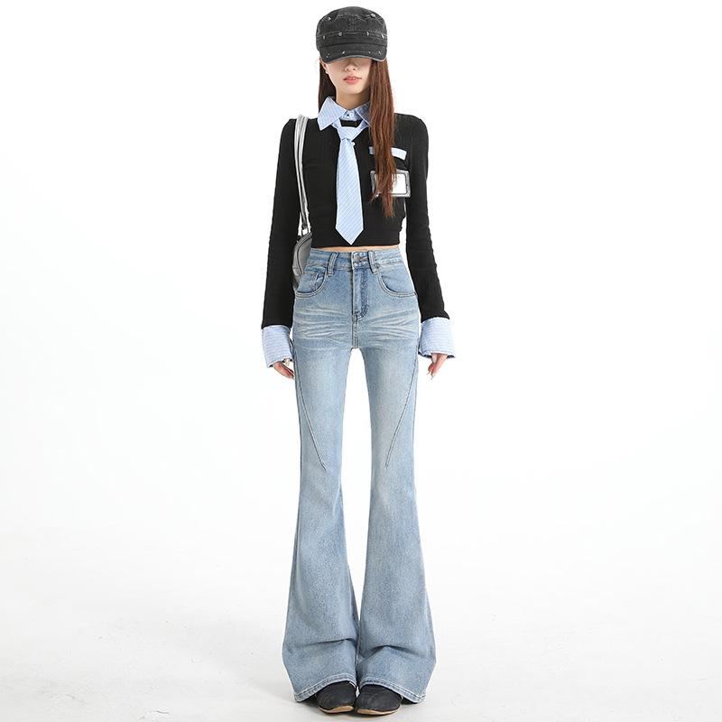 Light blue denim micro-pull pants women's spring new design pleated high-waisted floor-mopping flared pants