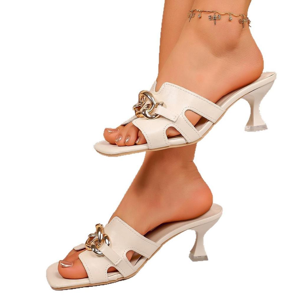 2026 Fashion Plus Size Chain High Heel Sandals - Women's Square Toe Single Strap Casual Slides