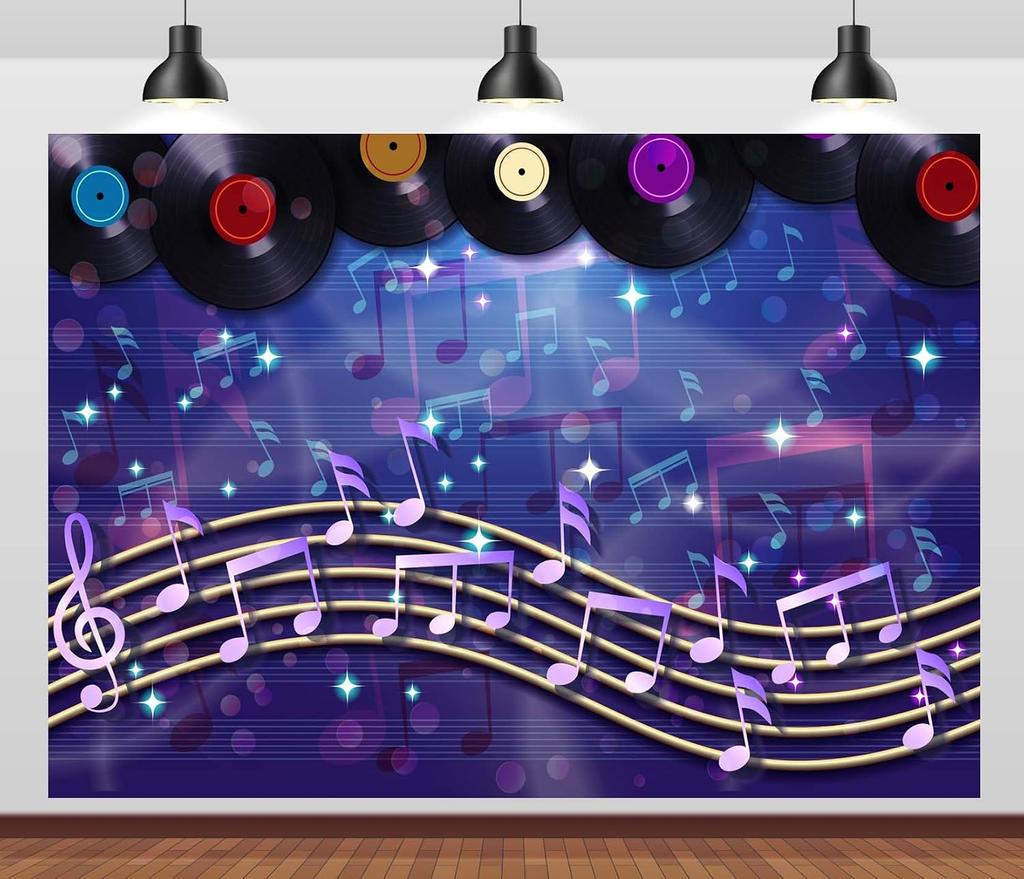 BELECO 7x5ft Fabric Music Theme Backdrop Retro Vinyl Records Music Notation Background Musical Notes Backdrop 70s 80s 90