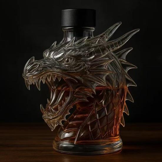 Karafa na whisky s dračí hlavou se silikonovou zátkou 320 ml Skleněný dávkovač na likér pro Bourbon Tequilu Novinka Umění Barové sklo Jedinečná domácí dekorace