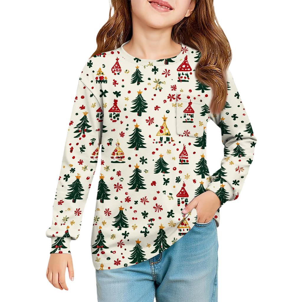 Christmas Day Girls' Long Sleeve Blouse - Round Neck Soft Waist Tunic
