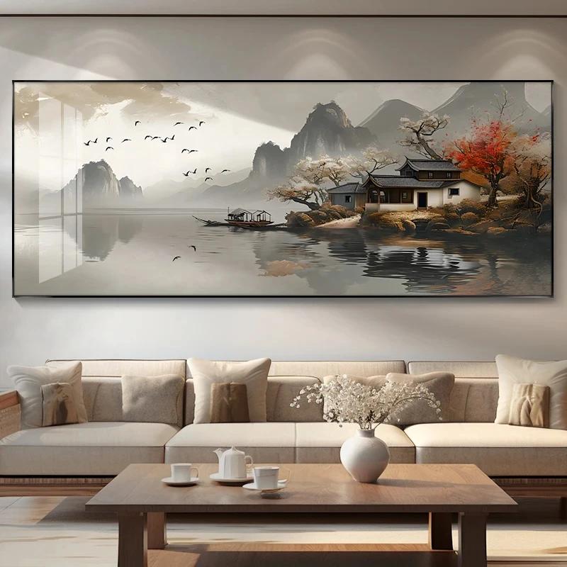 Гладкое плавание Пейзажная живопись Новая китайская декоративная живопись Фон для дивана Чернильная живопись Украшение дома 60x120cm no frame