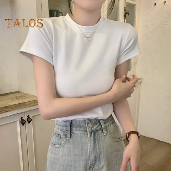 Women Slim Fit T-shirt O-neck Short Sleeve Pullover Tops Solid Color Stretchy Soft Tee Shirt Streetwear