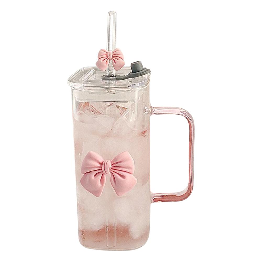 

Square Shape Transparent Cup Water Bottle with Lids and Straws Clear Glass Cups with Handle Bow Knot Glasses Tumbler for Office 401-500ml