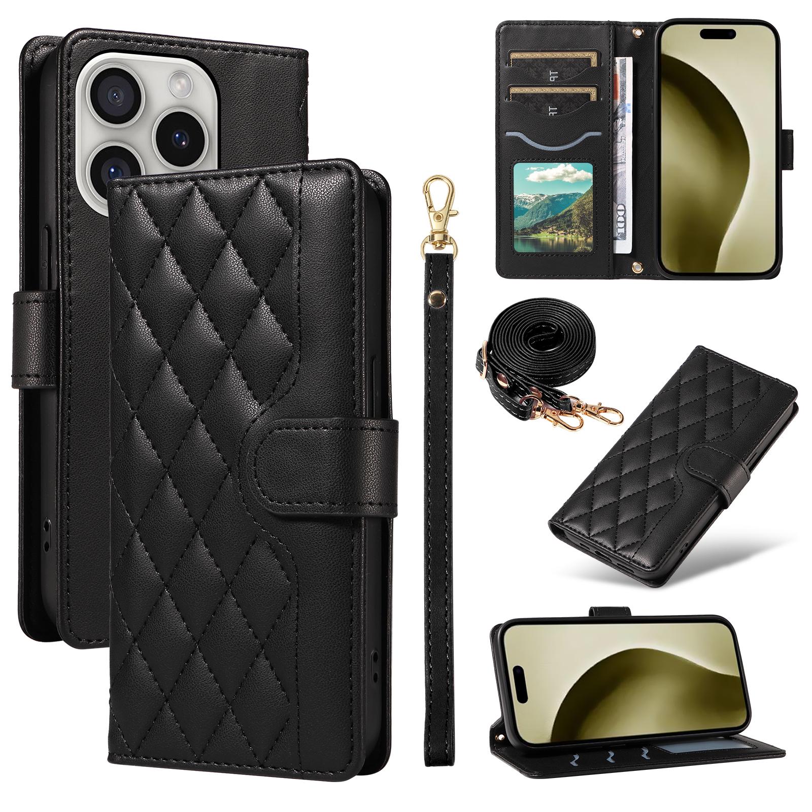 

Для iPhone 16 Pro Max Чехол Кожаный Ромбовидный Клетчатый Чехол для Телефона со Съемными Шнурками Black