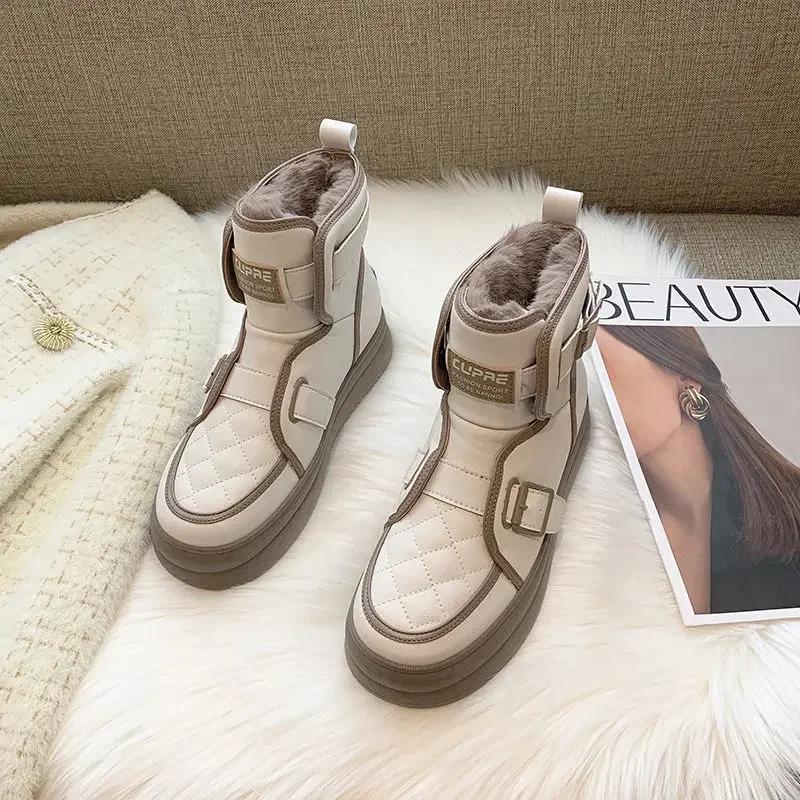 Fashion Plus Warm Ladies Snow Boots Elegant With Medium Heels Female Shoes Padded Boot Furry Trend 2024 Spring Autumn Protective Fashion