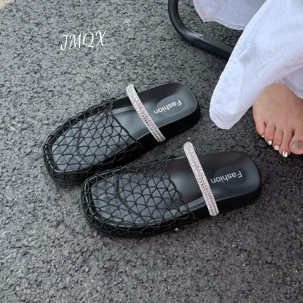 Retro niche thick-soled mesh hollowed out half slippers women's summer 2025 new rhinestone fishing net shoes lazy muller sandals