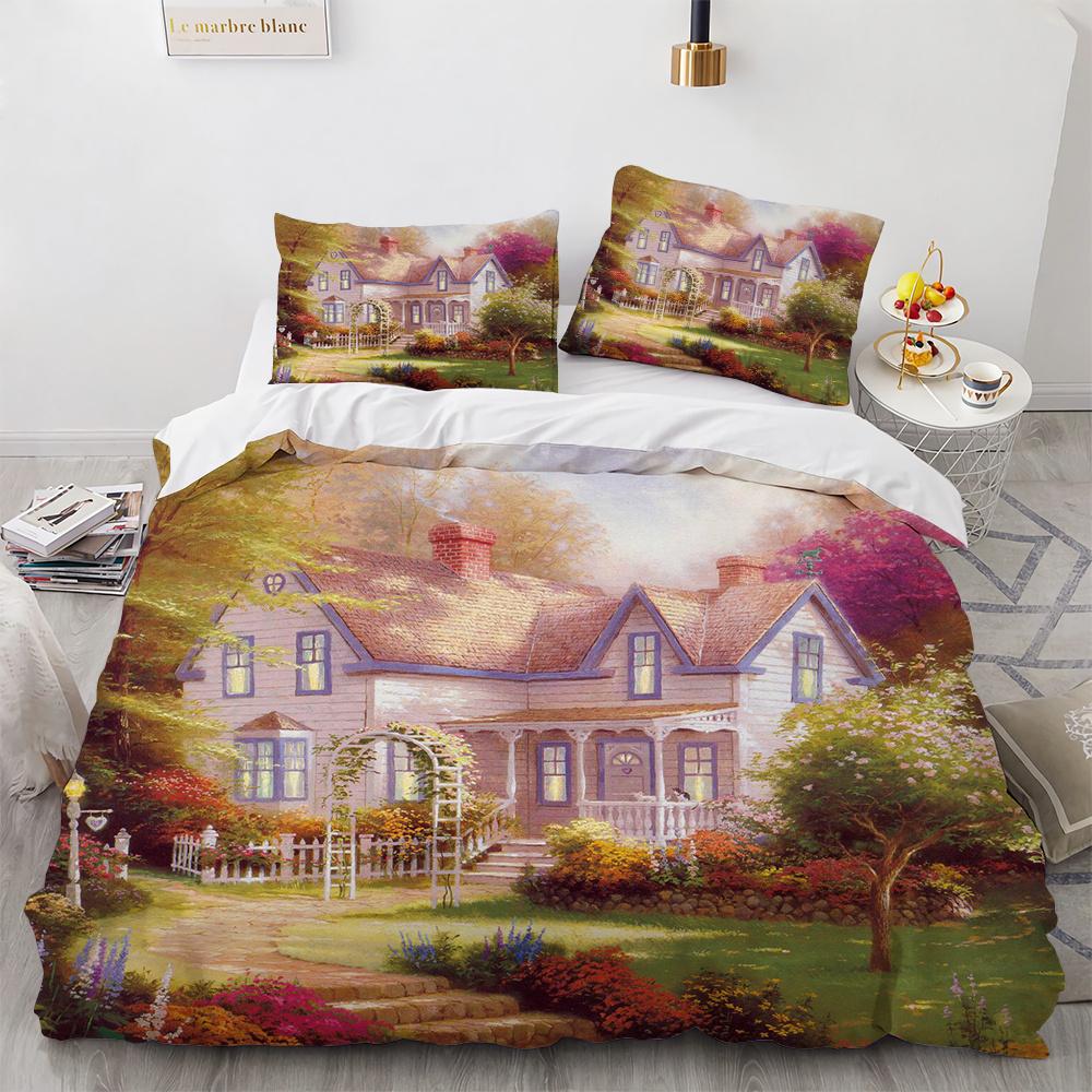 Painting Duvet Cover Set Beautiful Landscape Sun Lake Bridge Polyester Comforter Cover for Kid Boy Girl Artist Bedding Set King