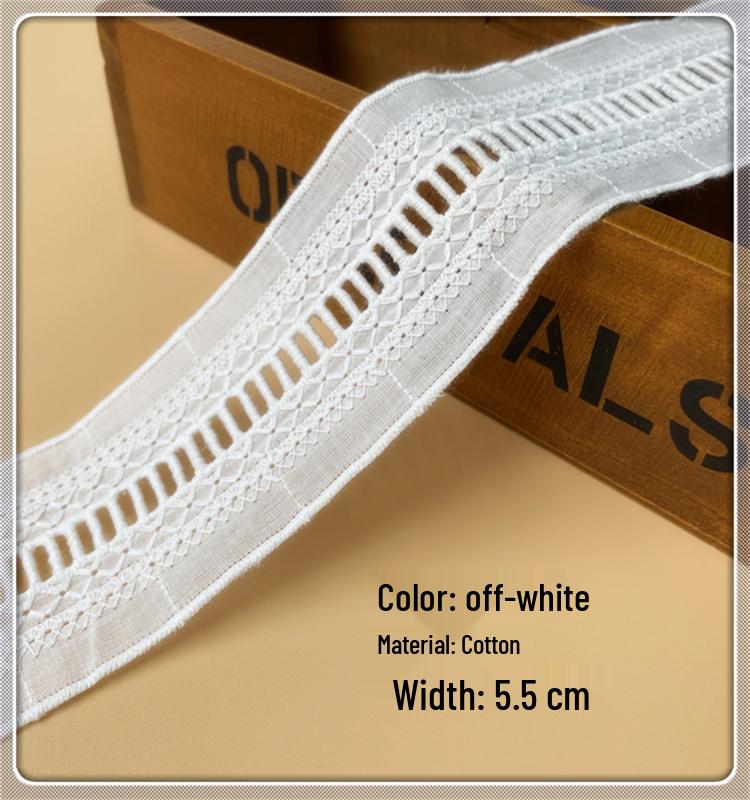 Off-White Lace Trim Embroidery Cloth for Skirt Hem Decoration - Pure Cotton, Double-Locked Edge