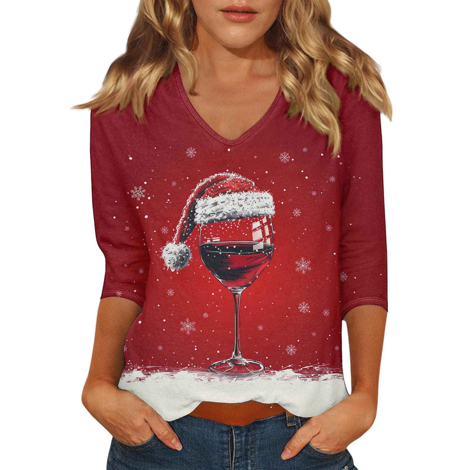 

Women s Casual Fashionable Sexy Comfortable V-Neck Christmas Three-Quarter Sleeve Top XL винний