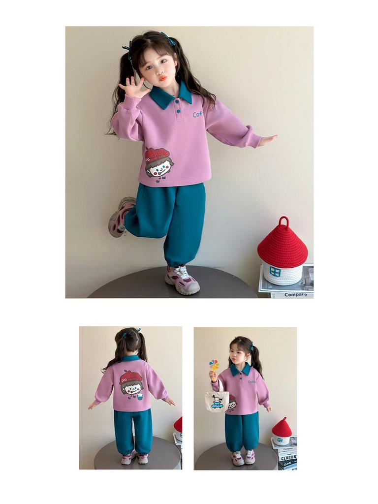2025 Girls' Korean Style Autumn Two-Piece: Color Block Sweatshirt & Green Pants Set