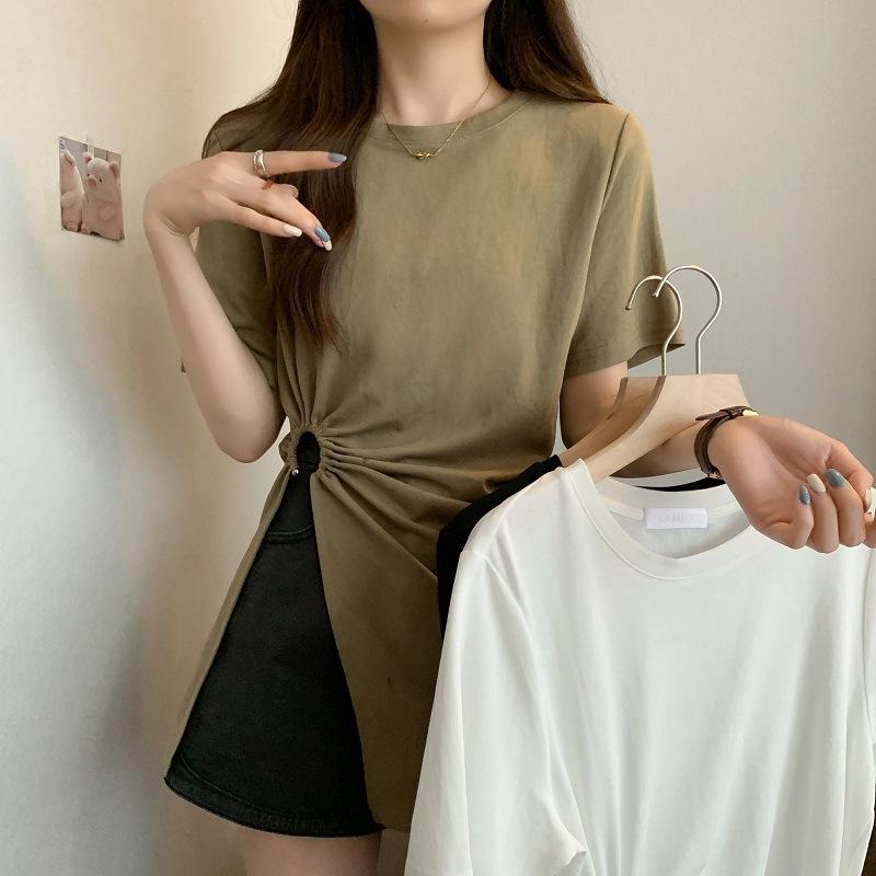 Women's Summer Loose-Fit Cotton T-Shirt with Irregular Slit and Slimming Design