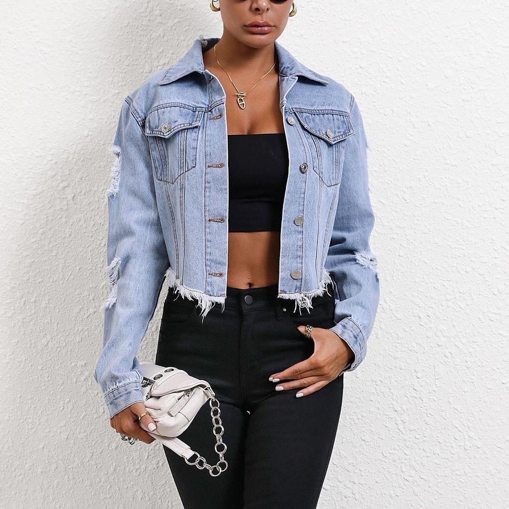 European & American Women's Casual Loose Ripped Long Sleeve Denim Jacket