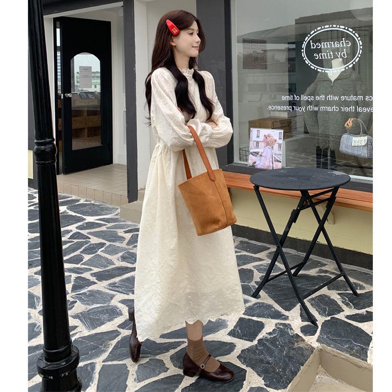 Women's Fleece-Lined Lace Trim High Neck Dress - Autumn/Winter Style, High Waist Slimming Base Layer, French Long Dress